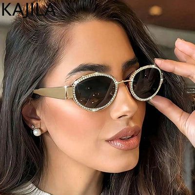 Kleine, ovale Strass-Sonnenbrille für Damen 2024, Luxus-Marken-Designer-Vintage-Metall-Sonnenbrille für Damen, Eyewear Shades