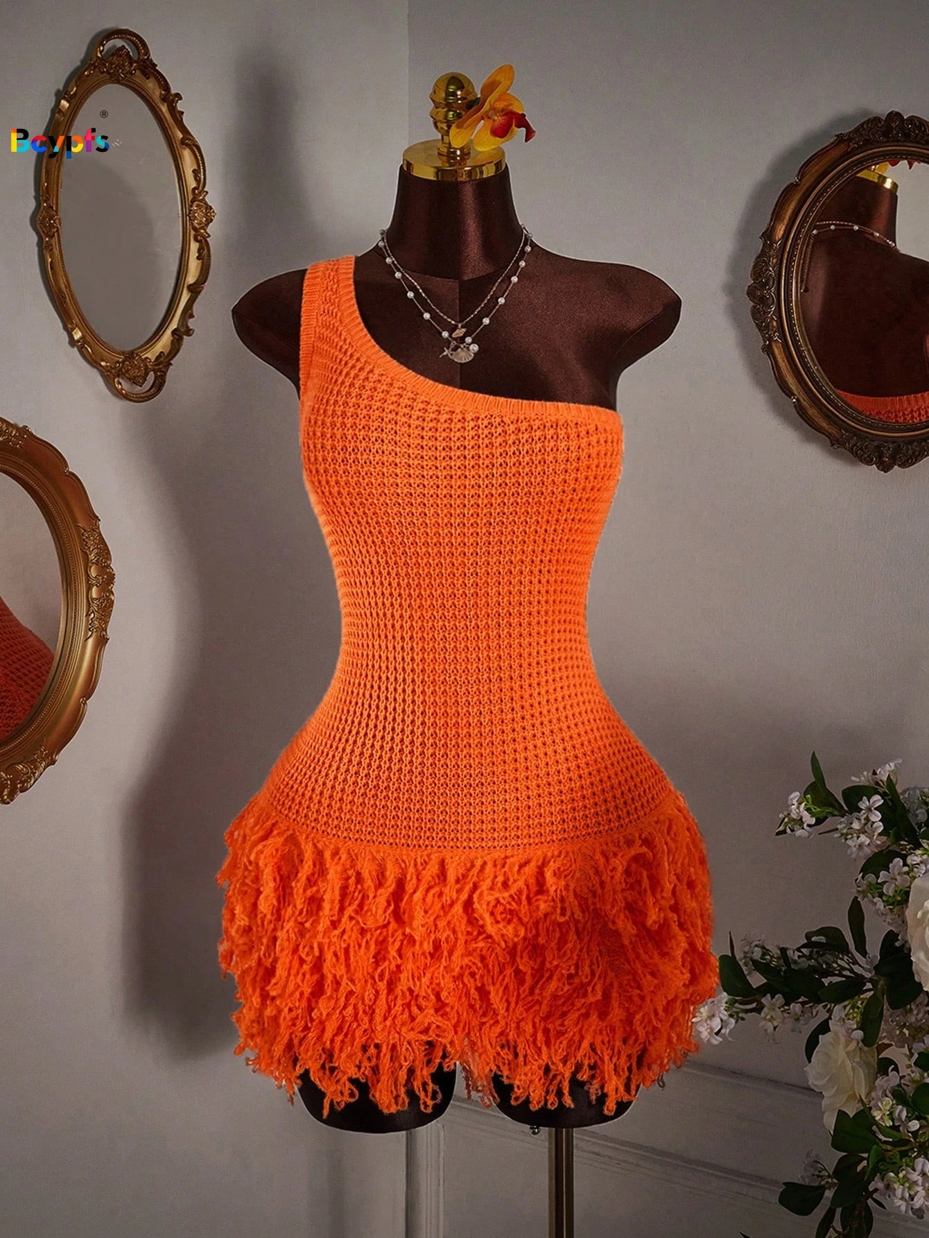 2026 Y2K TikTok Hot One Shoulder Crochet Dress Orange Fringe Bodycon Mini Dress for Vacation Party Clubwear
