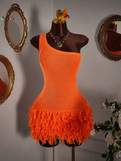 2026 Y2K TikTok Hot One Shoulder Crochet Dress Orange Fringe Bodycon Mini Dress for Vacation Party Clubwear