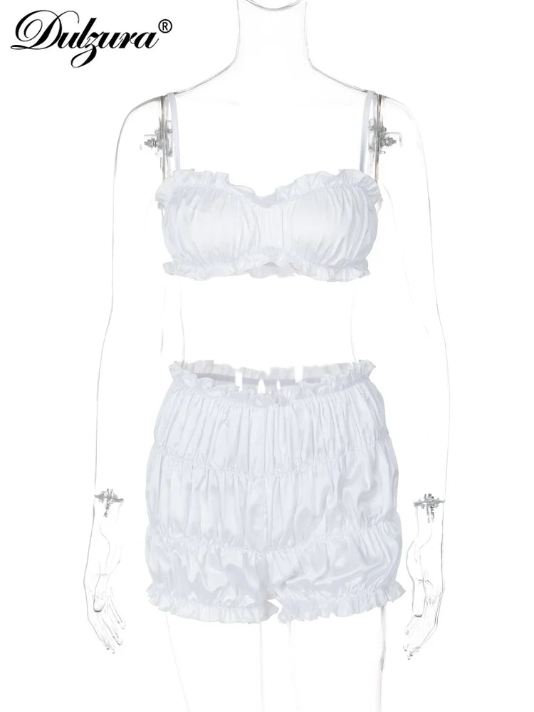 Dulzura Women'S 2 Piece Pleats Shorts Set Sleeveless Strappy Crop Tops And Sexy Shorts Matching Set Party Club