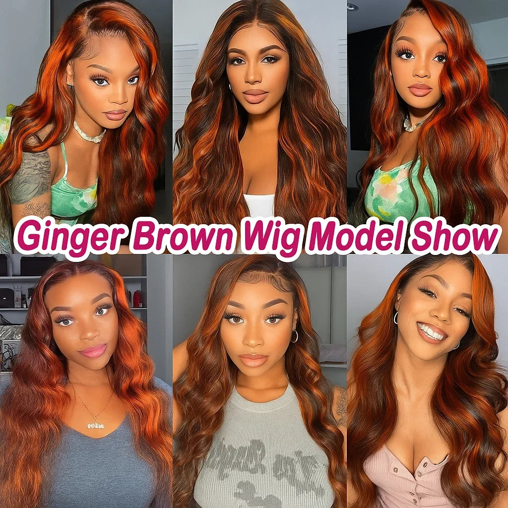 Ginger Brown Highlight Body Wave Lace Frontal Wigs Colored Human Hair Glueless Ombre Ginger Orange HD 13x4 Lace Front Lace Wig