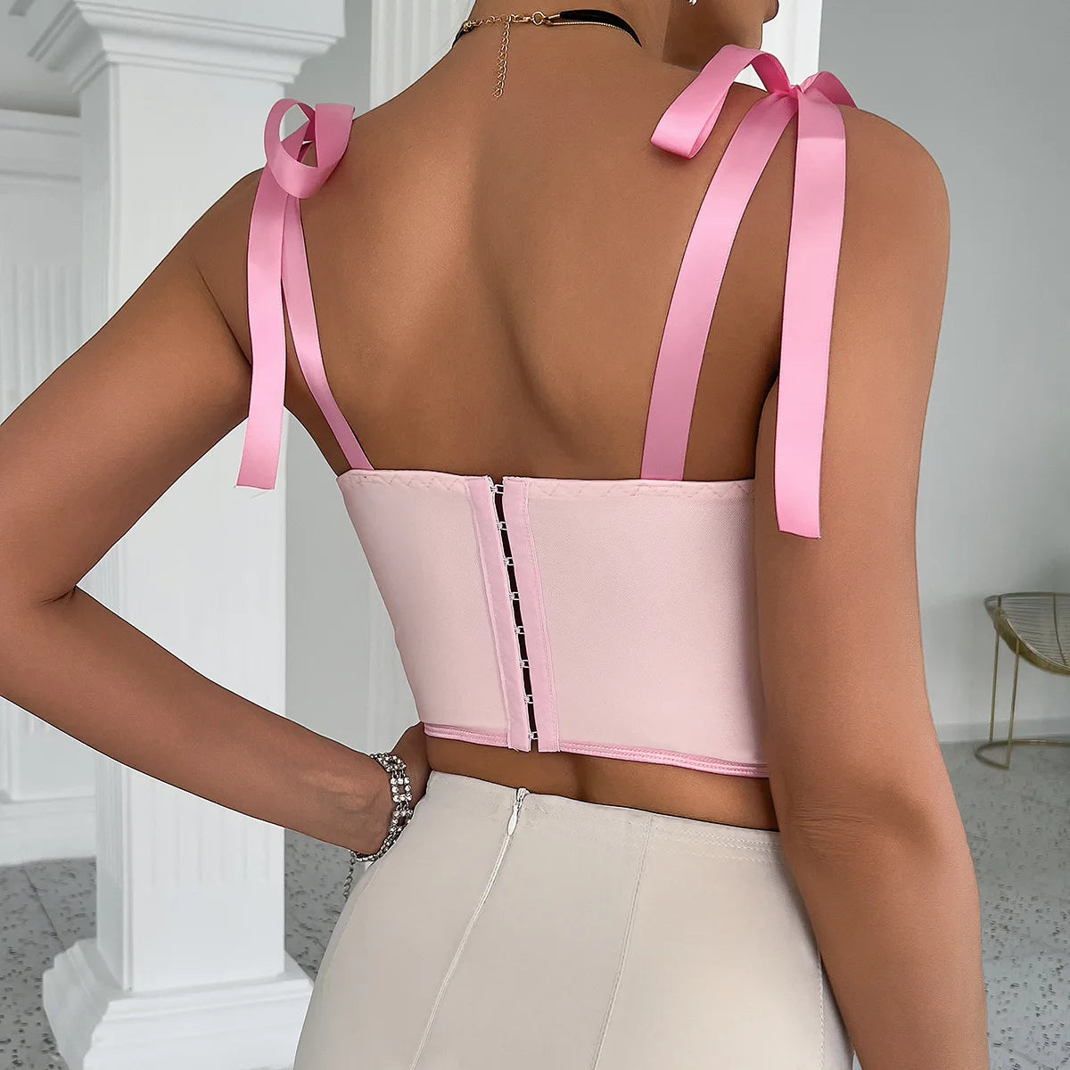 2024 New European and American Style Design Sensual Spice Girl Ribbon Strap Crop Tops Patchwork Stripe Fishbone Bandage Corsets