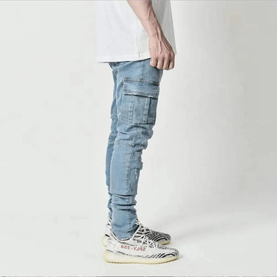 Street Elastic Jeans Herren Denim Cargo Hose Waschung Unifarbe Multi Taschen Casual Mid Waist Hose Slim Fit Daily Wear Joggers