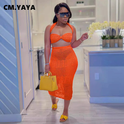 CM.YAYA Crochet Knitted Women's Sets Sleeveless Tops+ Skirts Suits 2024 Summer Two 2 Piece Set Outfit Beach Holiday Tracksuit