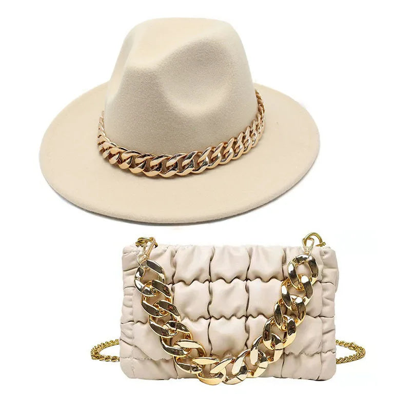 Set Straw Hat and Bag Set Gold Chain Bag Hat Set Ladies Leather Bag Tote Church Fedora Party Jazz Straw Hat