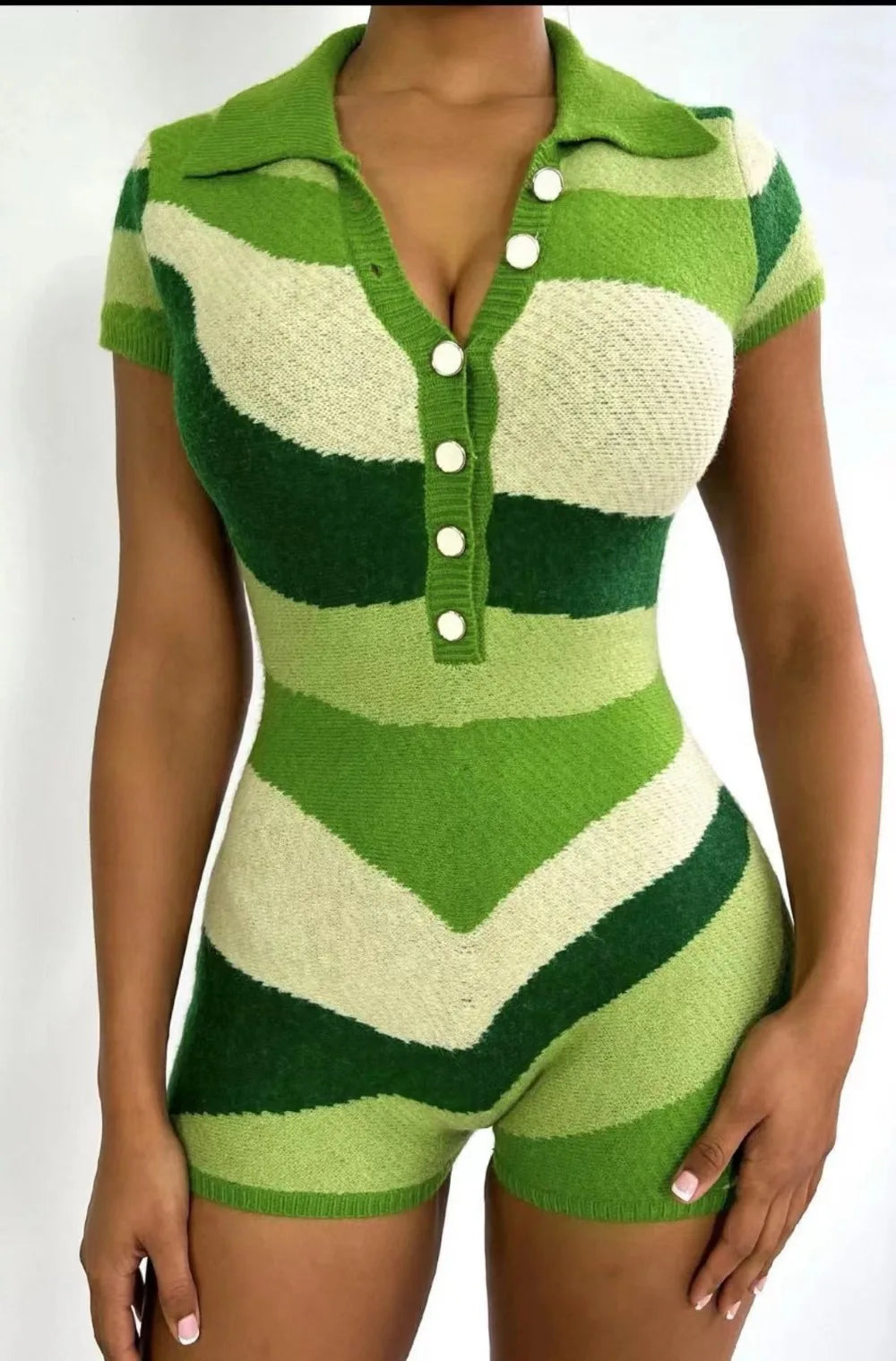 FAGADOER Fashion Knitting Color Stitching Bodycon Rompers Women V Neck Button Short Sleeve One Pieces Jumpsuits Female Overalls