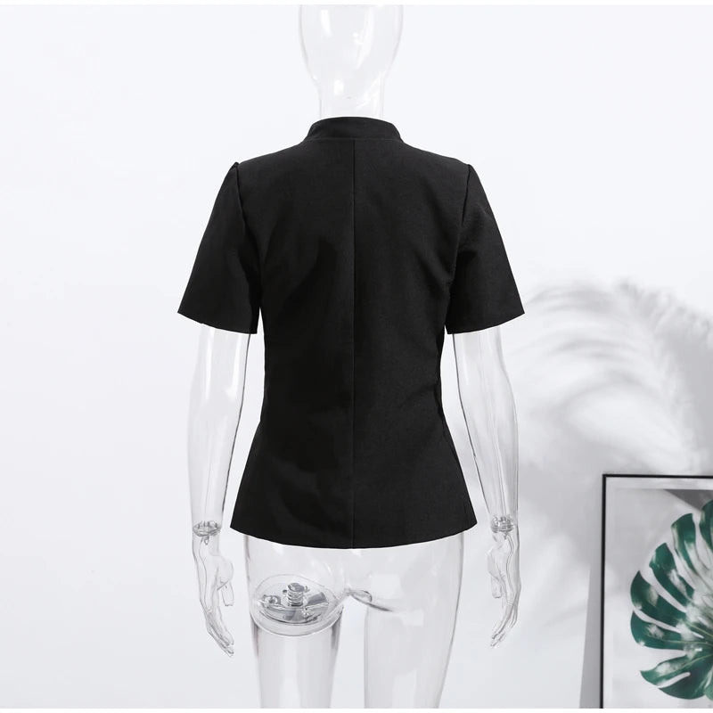 Fashion Women's Stand Collar Blazer Short Sleeve Button Puff Sleeves Solid Lady Top 2025 Summer Autumn Elegant Female Coat