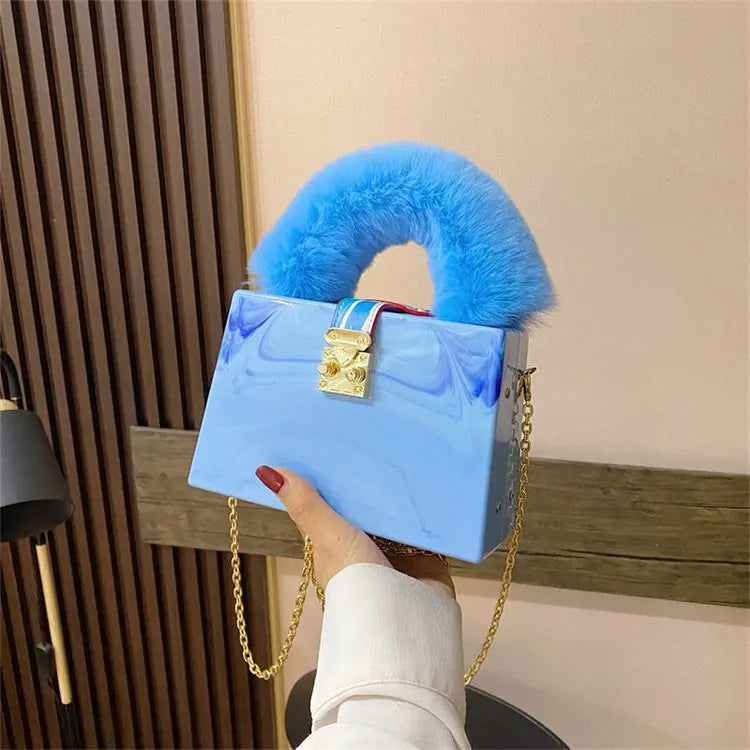 Faux Fur Top Handle Acrylic Party Box Clutch Fashion Purses and Handbags for Women Designer Evening Bag Chain Shoulder Bag