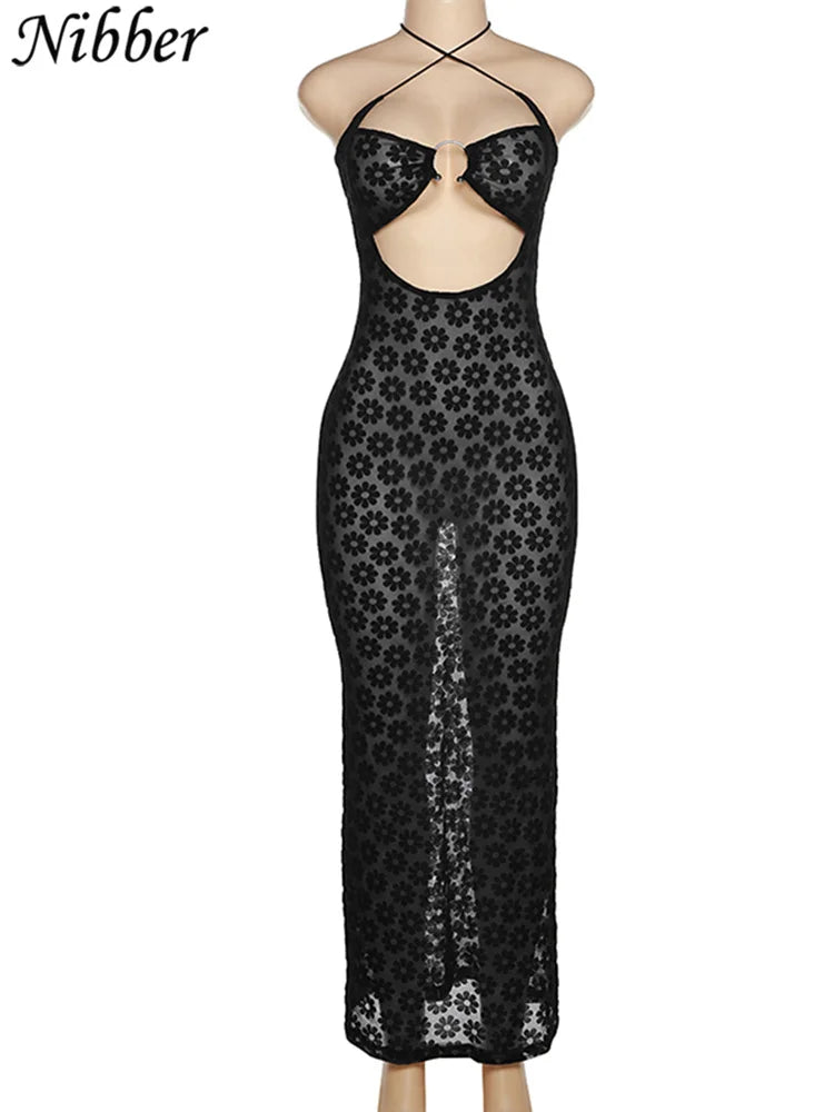 Nibber Solid Color Hanging Neck Maxi Dress Sexy Hollow Women Perspective Bag Hips Robe Female Street Trendy Dresses Clothing