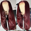 99J Burgundy Red Layered Lace Front Wig With Bangs Bone Straight Synthetic Lace Frontal Wigs 13x4 HD Glueless PrePlucked Cosplay