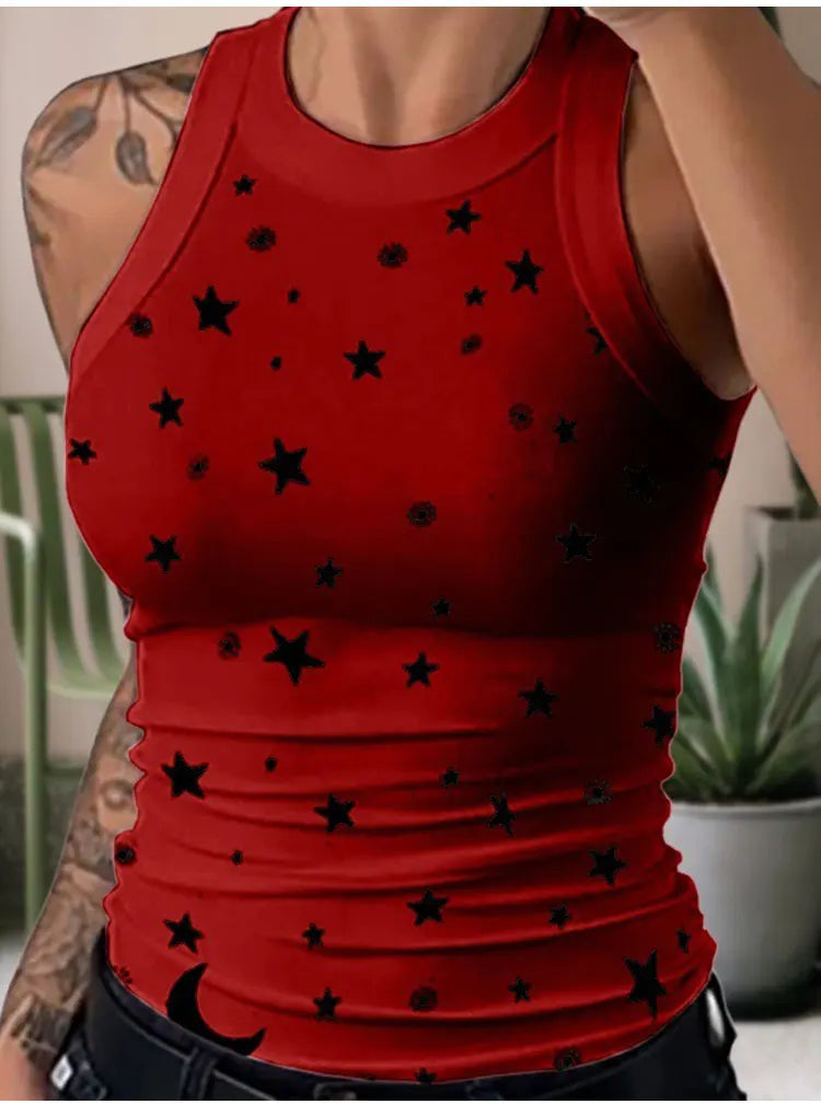 Summer Basic Elastic Tank Top Digital Printing T-shirt Women's O Neck Racerback Sexy Tank Top Stripe Print Sleeveless Tank Top