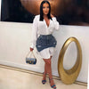 Denim 2 Piece Sets Women Shirt Skirt Suit Hole Single Breasted Turn Down Collar Pocket Splicing Outfits 2025 Skirts Ensemble