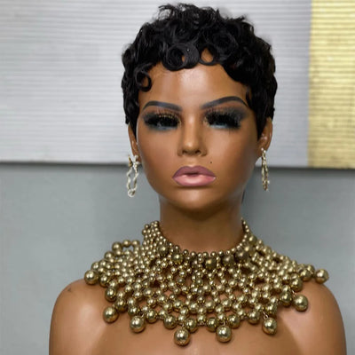 Lockige Pixie-Cut-Perücken, kurze Echthaarperücke für schwarze Frauen, natürliche schwarze gewellte Bob-Perücke, glueless, Remy-Haar, komplett maschinell gefertigte Perücke