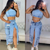 Mid Length Skirts Women Denim Skirt Hole Pockets A Line Slit Slim Y2k Streetwear Elegant Splice Y2k High Waist Summer 2025