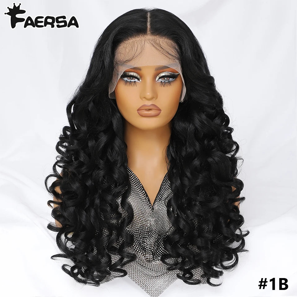 Latisha 13X6 HD Synthetische Spitzenfrontperücke lockig vorgezupfte Lace-Frontal-Perücke mit Pony für Damen, Highlights mit Babyhaar, 24 Zoll