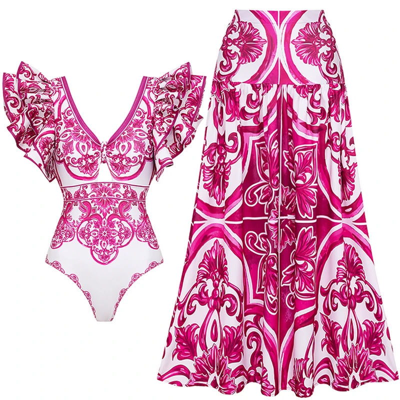 Flaxmaker Long Sleeves Majolica Series Pattern Print One Piece Swimsuit Biquini Beachwear Women Sexy Bikini Sets Swimsuit