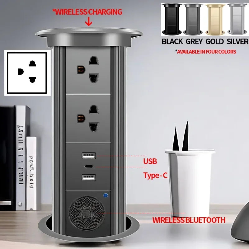 Motorized Lifting Pop Up Tower Power Outlet Hidden Mounted Kitchen Worktop USB Type C Socket with Speaker Wireless Charging