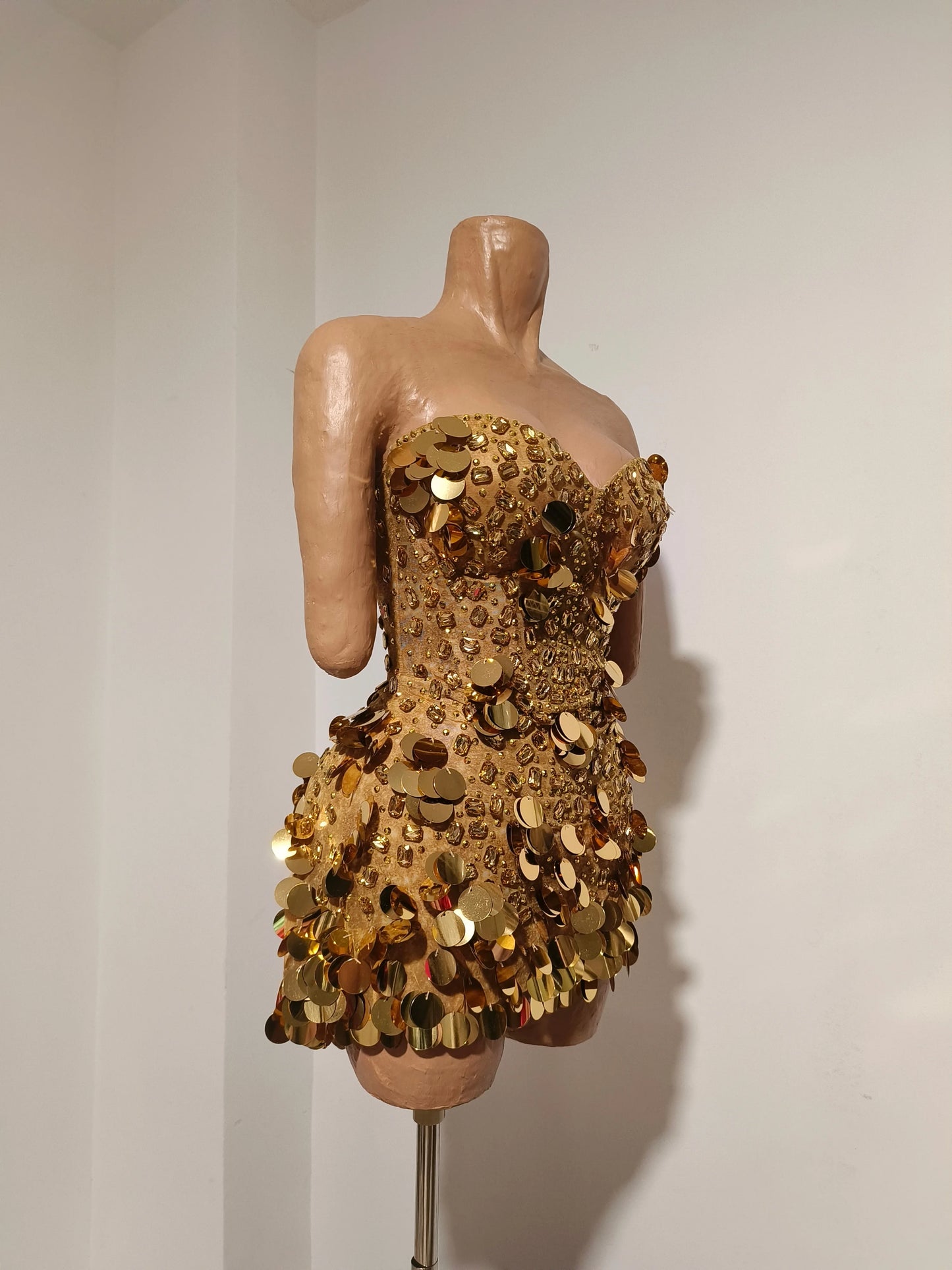 Sparkly Gold Rhinestone Sequins Sexy Strapless Mesh See Through Mini Dress Women Eveing Birthday Party Nightclub Stage Costume