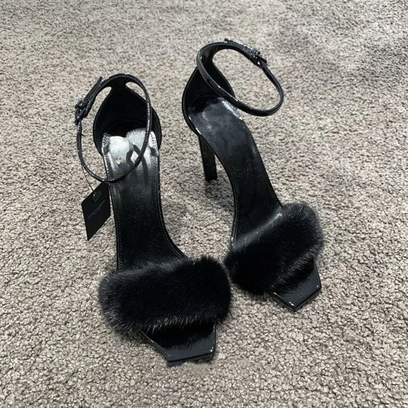 2025 Frühling Neu Nerzhaar High Heels Ein-Wort-Sandalen Eckige Zehen Stiletto Damenschuhe