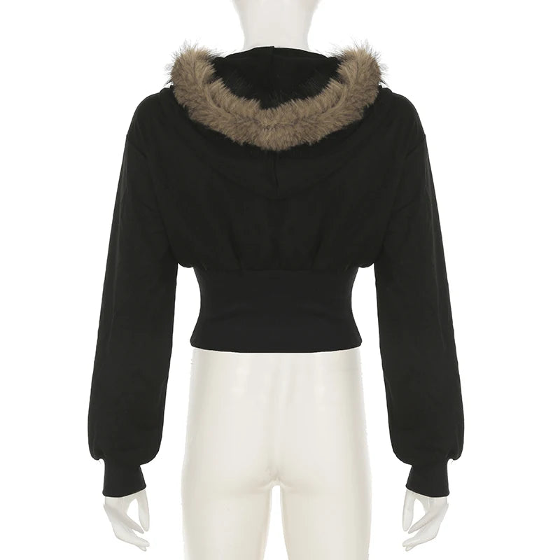BIIKPIIK Pelzkragen Kapuzenmäntel für Damen Lässiger Reißverschluss Slim Hoodies Einfache All-match Schwarz Harajuku Mantel Herbst Winter Sweatshirts