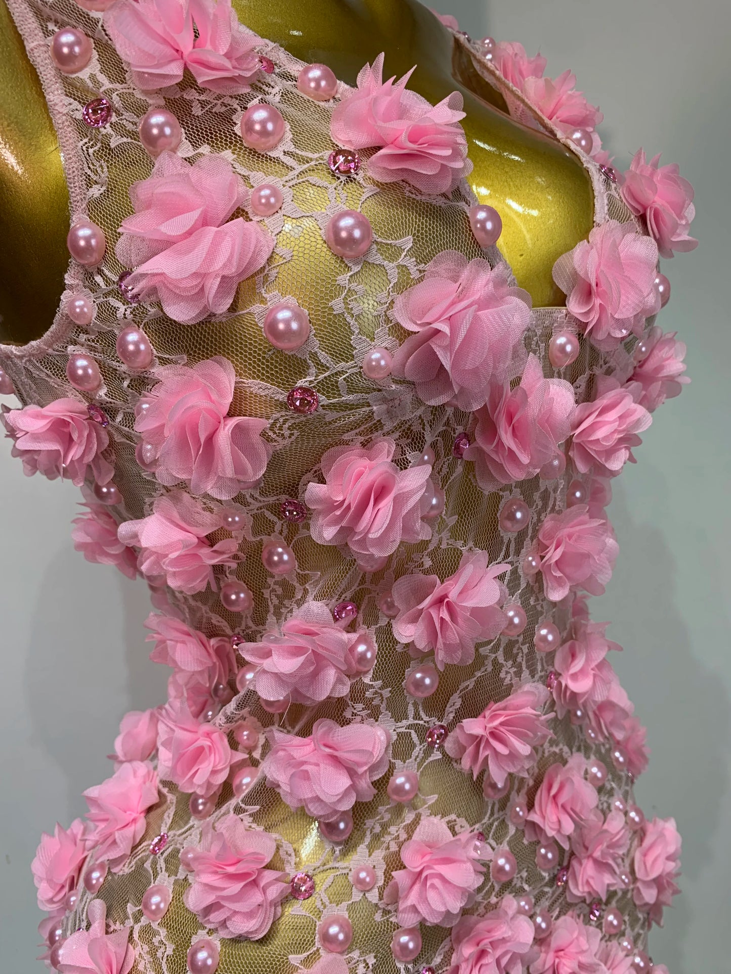 Women Luxury Pink Flowers Pearls Lace See Through Bodycon Mini Dress Birthday Photoshoot Evening Party Nightclub Stage Costume