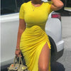 Trendy Printed Slim Midi Dresses Women Fashion Package Hip Bodycon Short Sleeves Drawstring Slit Dress Casual Ladies Streetwear