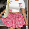 Plus size vacation spring and summer Spice Girls Plaid Butterfly Knot Short Sleeve Pod Skirt Slim Set Fashion