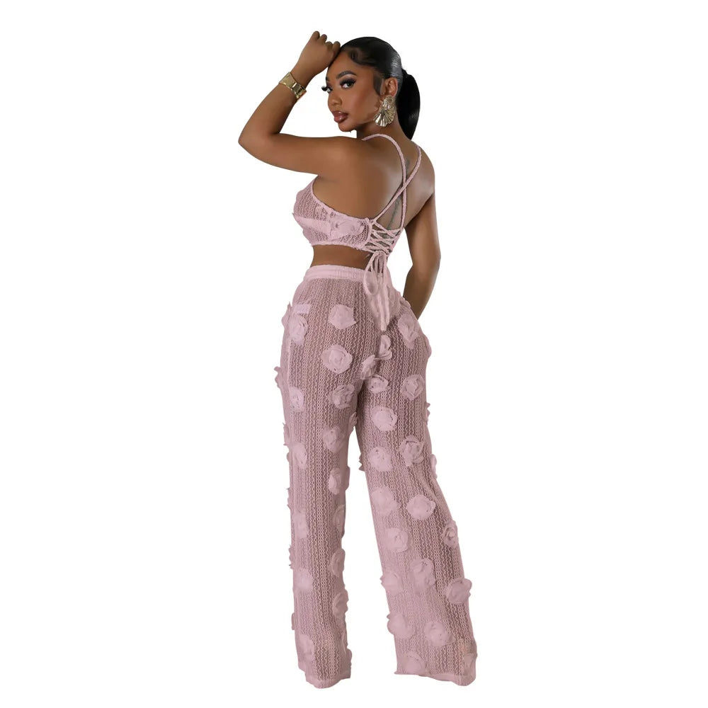 Women Two Piece Pant Sets Sexy Hollow Out Vest Sleeveless Tanks Tops Splice Long Pants Drawstring Streetwear Summer 2025