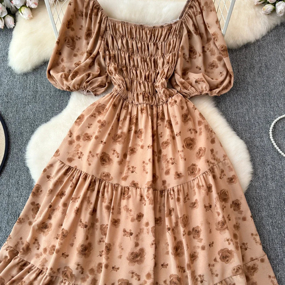 2024 Neues Sommer Blumenmuster Maxikleid Damen Vintage Eckiger Ausschnitt Geraffte Brust Schärpe Bandage Sommerkleid Partykleid