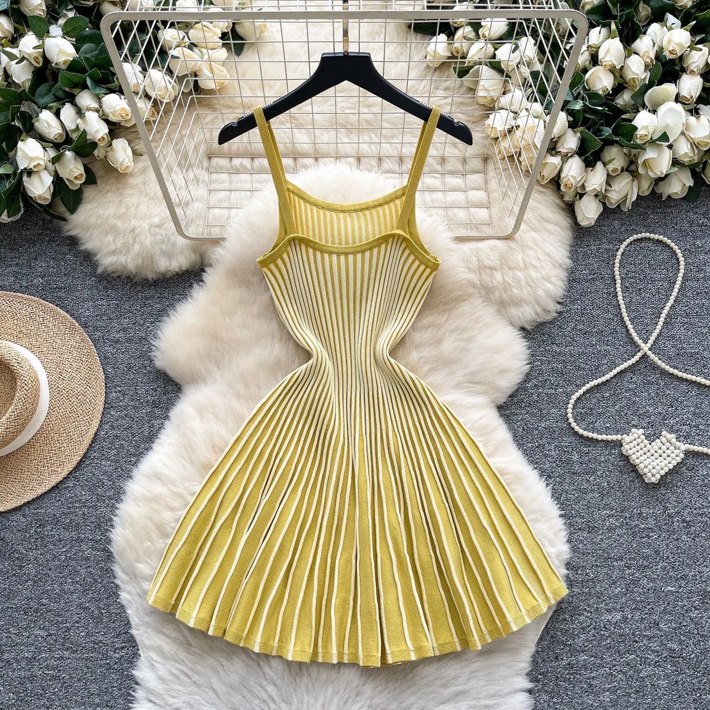Joskaa 2026 Autumn Retro Striped Knit Dress Women Elegant Pleated Waist Slim Low Cut Sleeveless A-line Slip Dress Streetwear