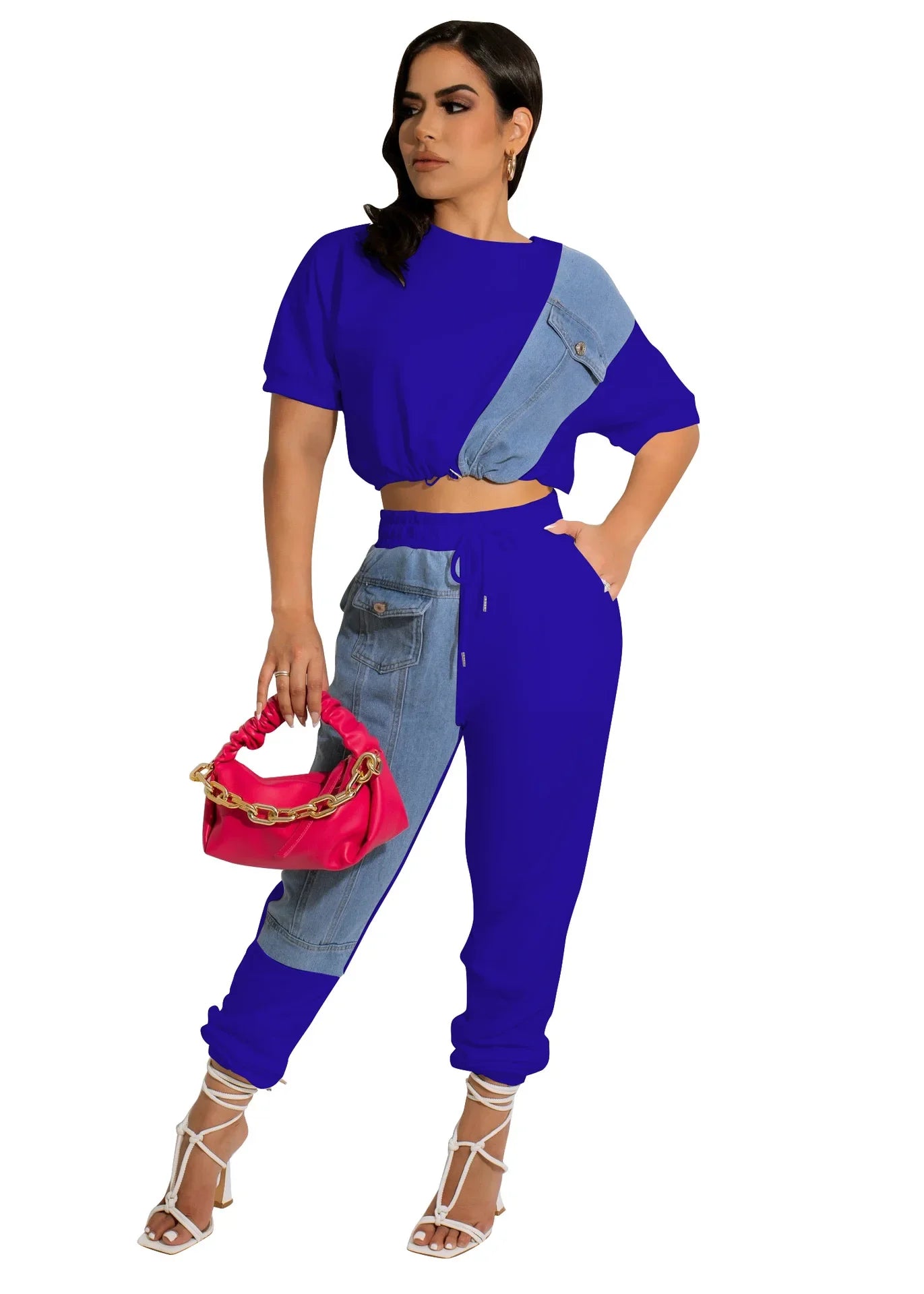 CM.YAYA Workout Denim Patchwork Women Two 2 Piece Set Outfit Sweatsuit 2022 T-shirt and Jogger Pants Matching Set Tracksuit