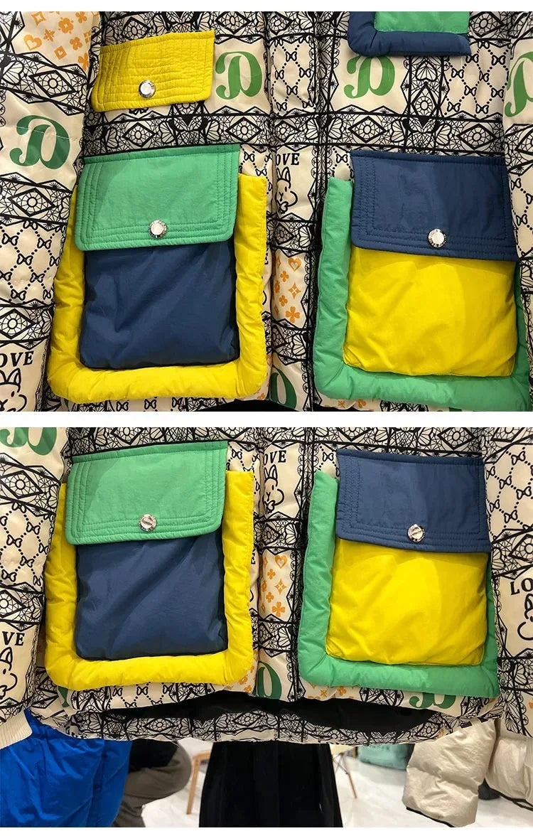 2023 Europäische Station Winter Neue Daunenjacke Damen Warm Mode Kurze Farb-Patchwork Graffiti dicke Weiße Entendaunenjacke
