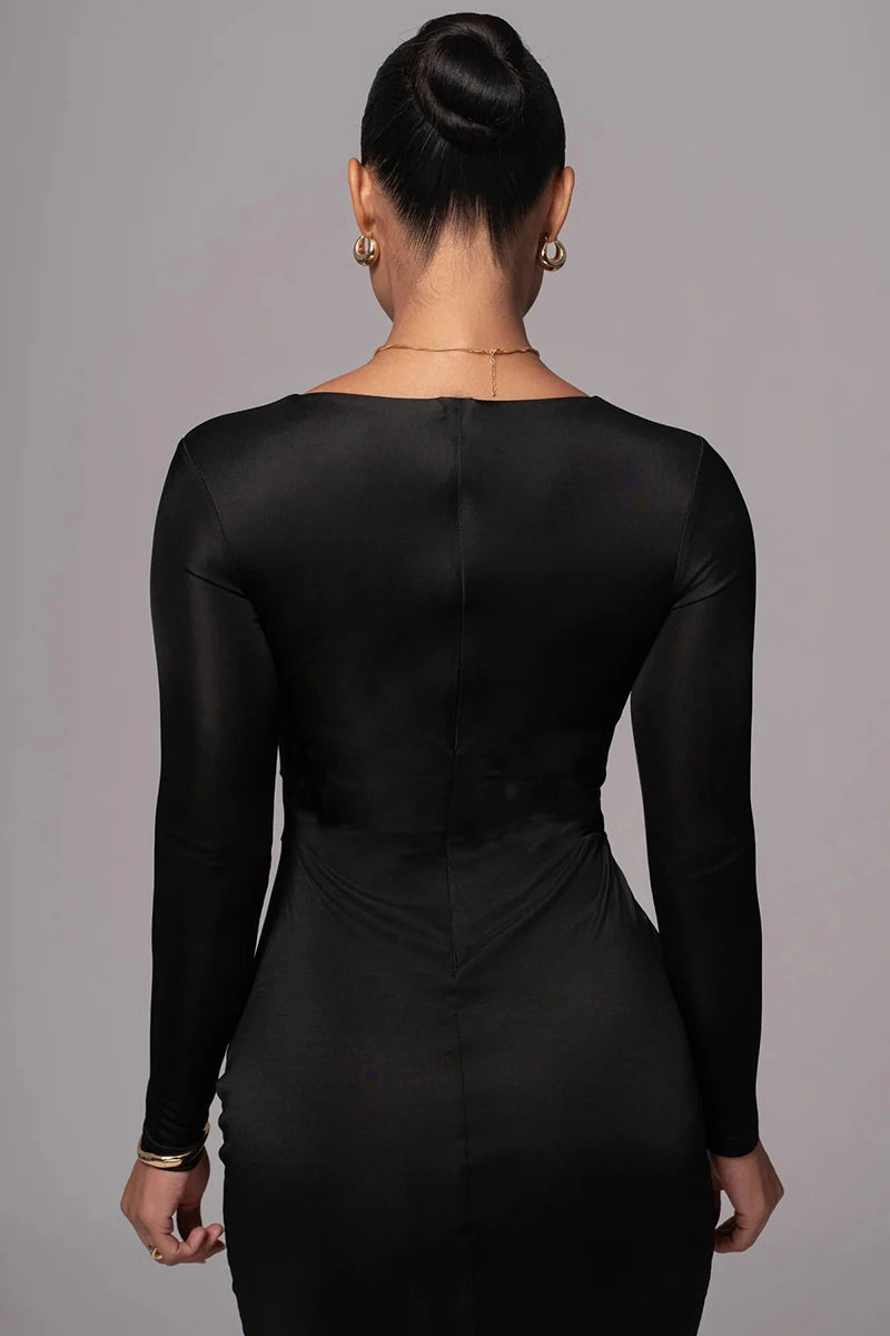 Mozision hollow out long sleeve sexy maxi dress for women fashion solid V neck back split bodycon club long dress elegant