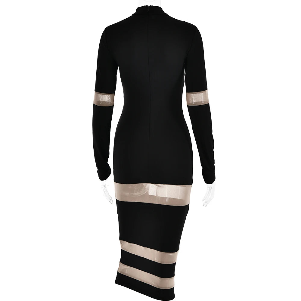 Articat Mesh Patchwork Perspective Long Sleeve Dress For Women's Tight Fit Midi Female Dress Fashion Street Party Club Vestidos