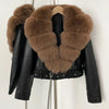 OFTBUY Natural Fox Fur Faux Leather Jacket Female New Autumn Short Top Clothing Women Long Sleeve Fake Leather Real Fur Coat