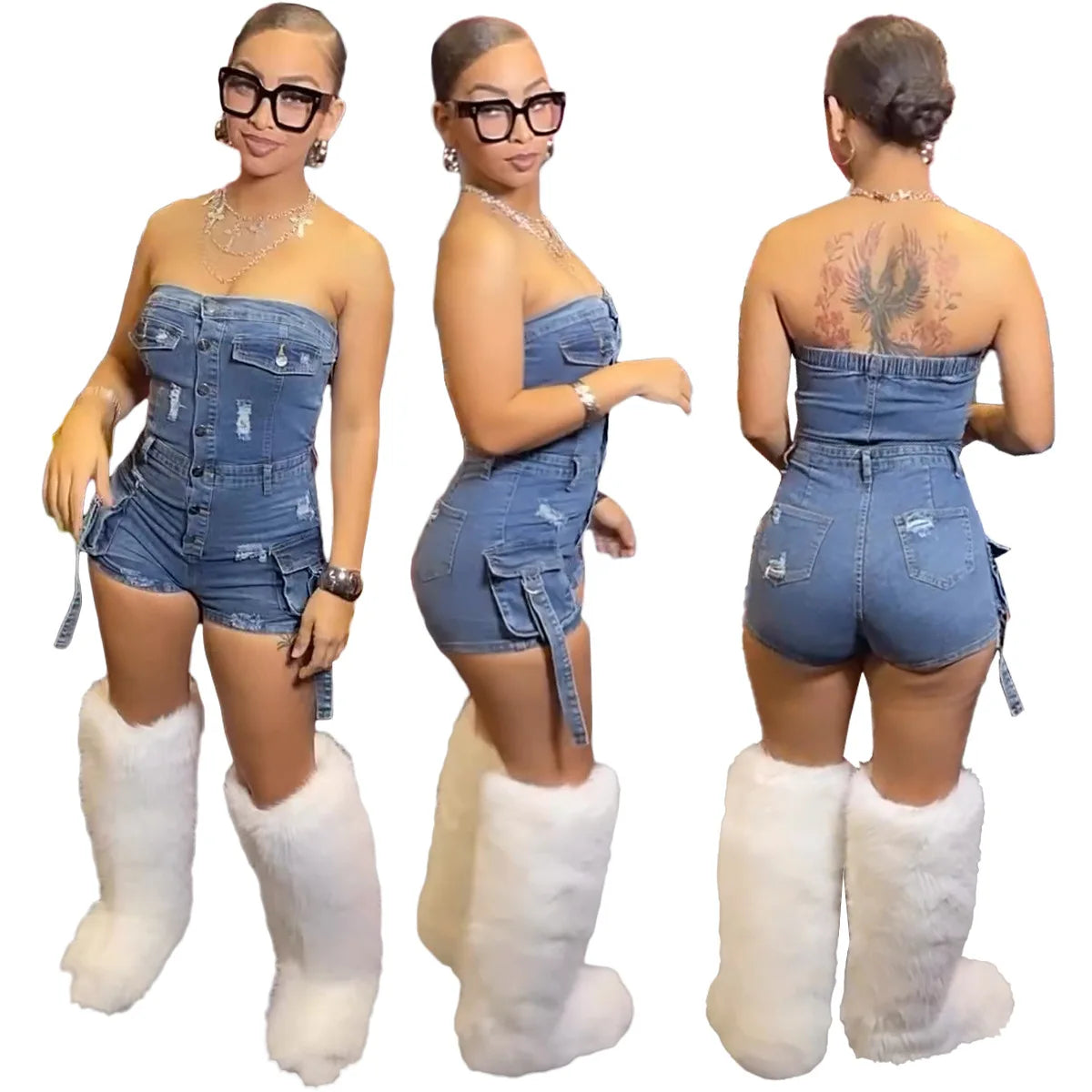 HLJ&GG Blauer sexy Denim Pocket Cargo Bodycon Romper Damen schulterfrei ärmellos rückenfrei schmaler Jumpsuit Fashion Cowboy Playsuit