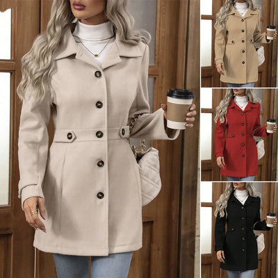 Herbst Winter Neuer mittellanger Eleganter Wollmantel Knopf Stehkragen Schmale Passform Tweed Langlebige Modische Oberbekleidung