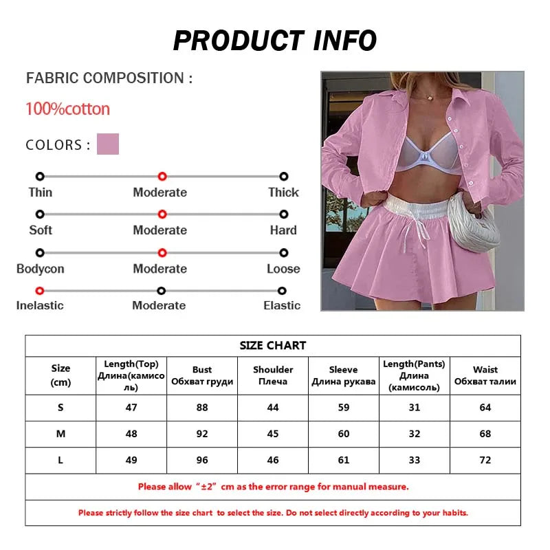Oymimi Fashion Pink Cotton 2 Pieces Set For Woman Elegant Long Sleeve Single Breasted Crop Shirts And Drawstring Mini Skirts Set