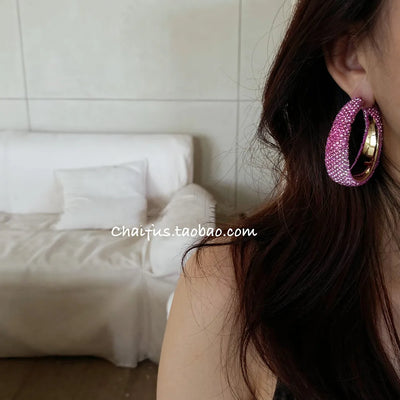 Übertrieben glänzende Strasssteine Große Creolen für Frauen Mädchen Geometrische runde Kristallohrringe Bijoux Statement Schmuck Geschenke