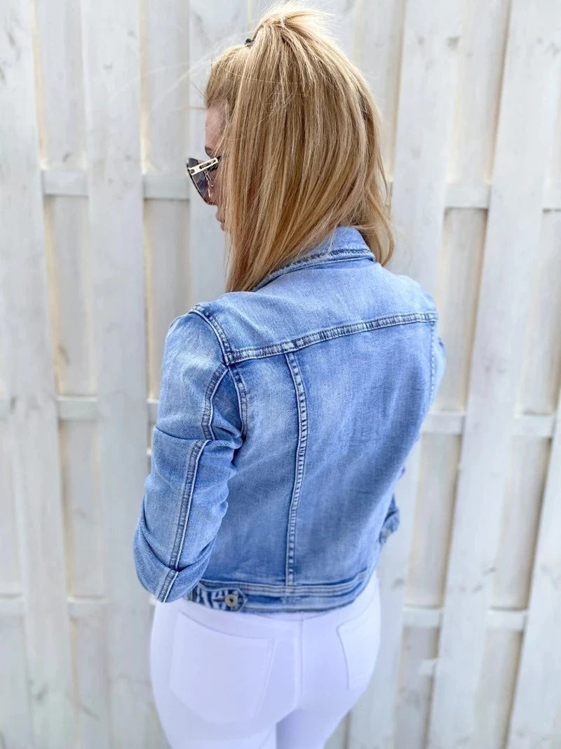 Damen-Jeanjacke lässig schmal 2025 Frühling Herbst einfarbig Langarm Umlegekragen Cowboy-Mantel Mode Jeansjacke Übergröße