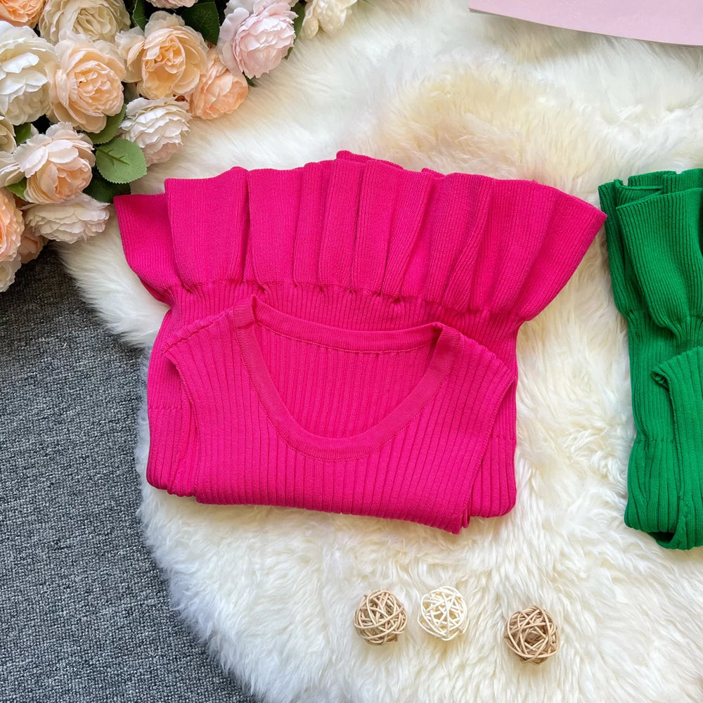 YuooMuoo Chic Fashion Sexy Package Hips Ruffled Mini Dress Women Summer Slim Elastic Knitted Party Dress Streetwear Lady Outfits