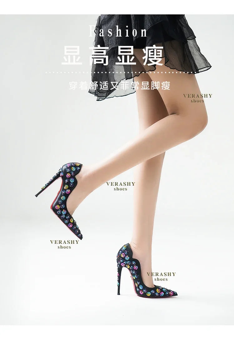 2025 Spring New High Heels Women's Embroidered Beaded Black Sexy Queen's Heel 10-12cm Pointed