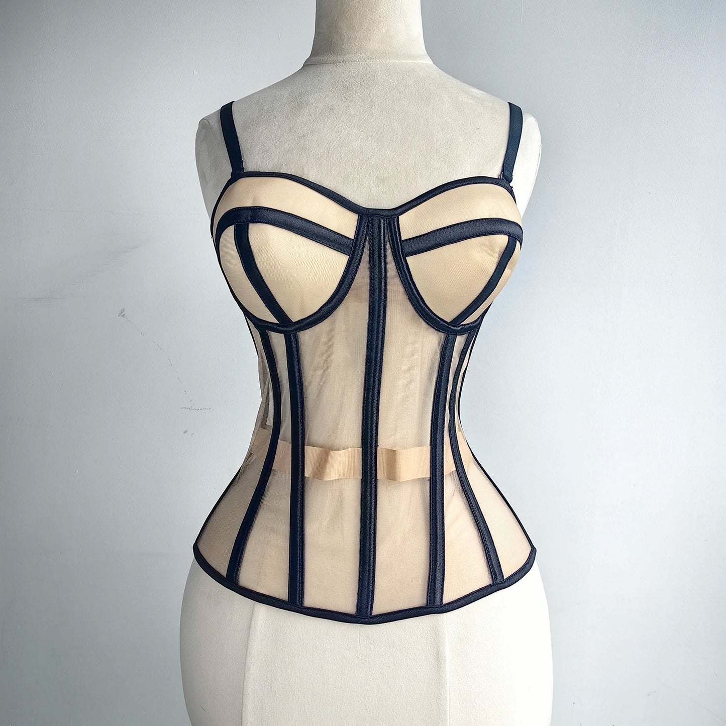 Women Luxury Mesh Corset Bustier Transparent Bodices With Cups Waist Slimmer Lace Up Steel Bone Tight Fitting Tube Tops Costume