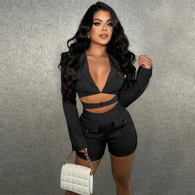 Elegante stilvolle Blazer-Strampler Damen Jumpsuit Shorts Langarm Hohl Bodycon Playsuit Einteiler Club Outfits