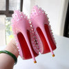 Pink studded high heels, fashionable, ultra shallow mouth, pointed toe, thin heel, hate sky, high punk style, 12CM