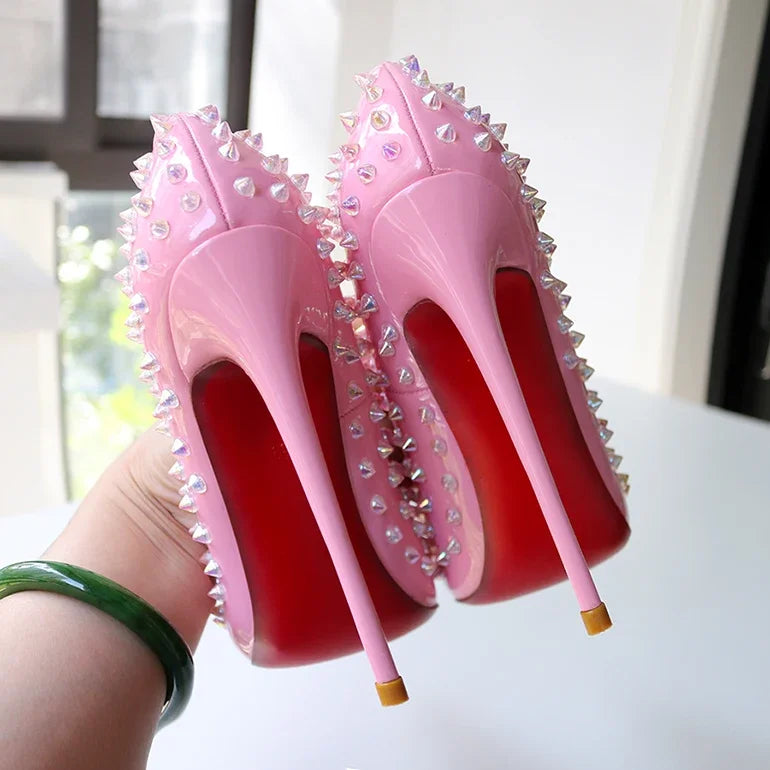 Pink studded high heels, fashionable, ultra shallow mouth, pointed toe, thin heel, hate sky, high punk style, 12CM