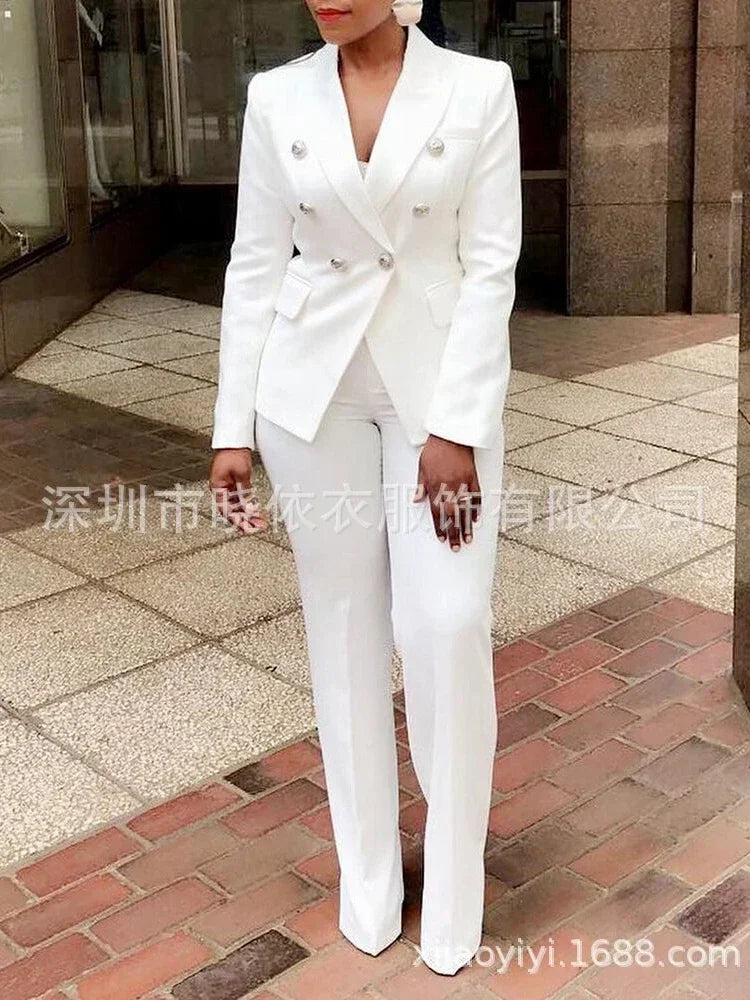 Damen-Hosenanzug, zweiteilig, Umlegekragen, weißer Blazer, elegante Mäntel, passende Sets, Arbeitskleidung, hohe Taille, lange Hosenanzüge