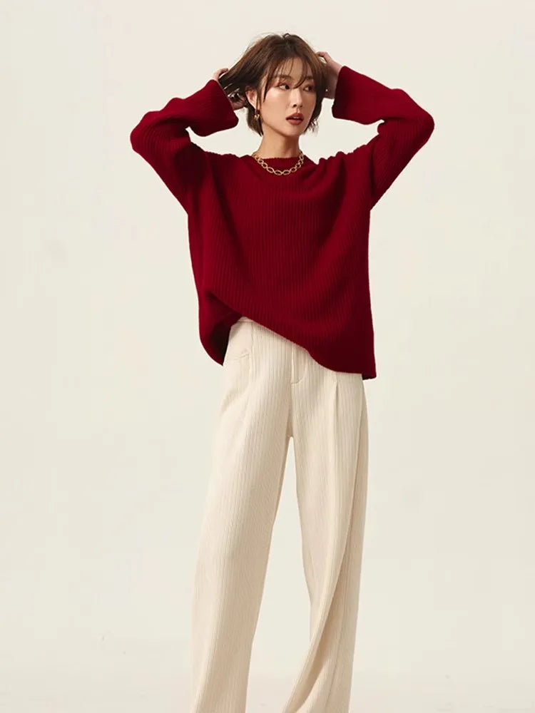 Rollkragenpullover 100% Kaschmir Pullover Damen lose verdickend Anti-Aging Nische Vintage Roter Rundhals-Pullover Damen Langarm