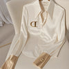 Elegante französische Damen Bluse aus weißem Satin mit Umlegekragen Langarmbluse Herbst/Winter für Frauen Lässig Schlicht Office Lady