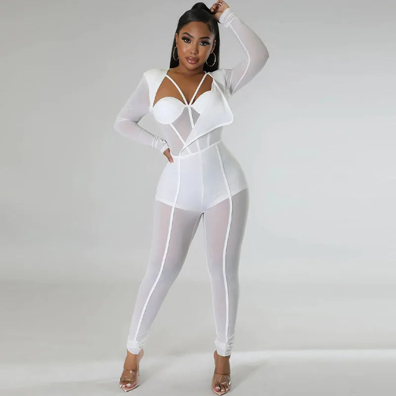 Sexy Mesh Patchwork Transparenter Club-Bodycon-Jumpsuit für Damen, durchsichtiger Einteiler-Overall, Clubwear, Party-, Geburtstagsoutfits